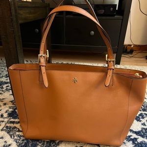 Tory Burch York buckle tan camel leather tote